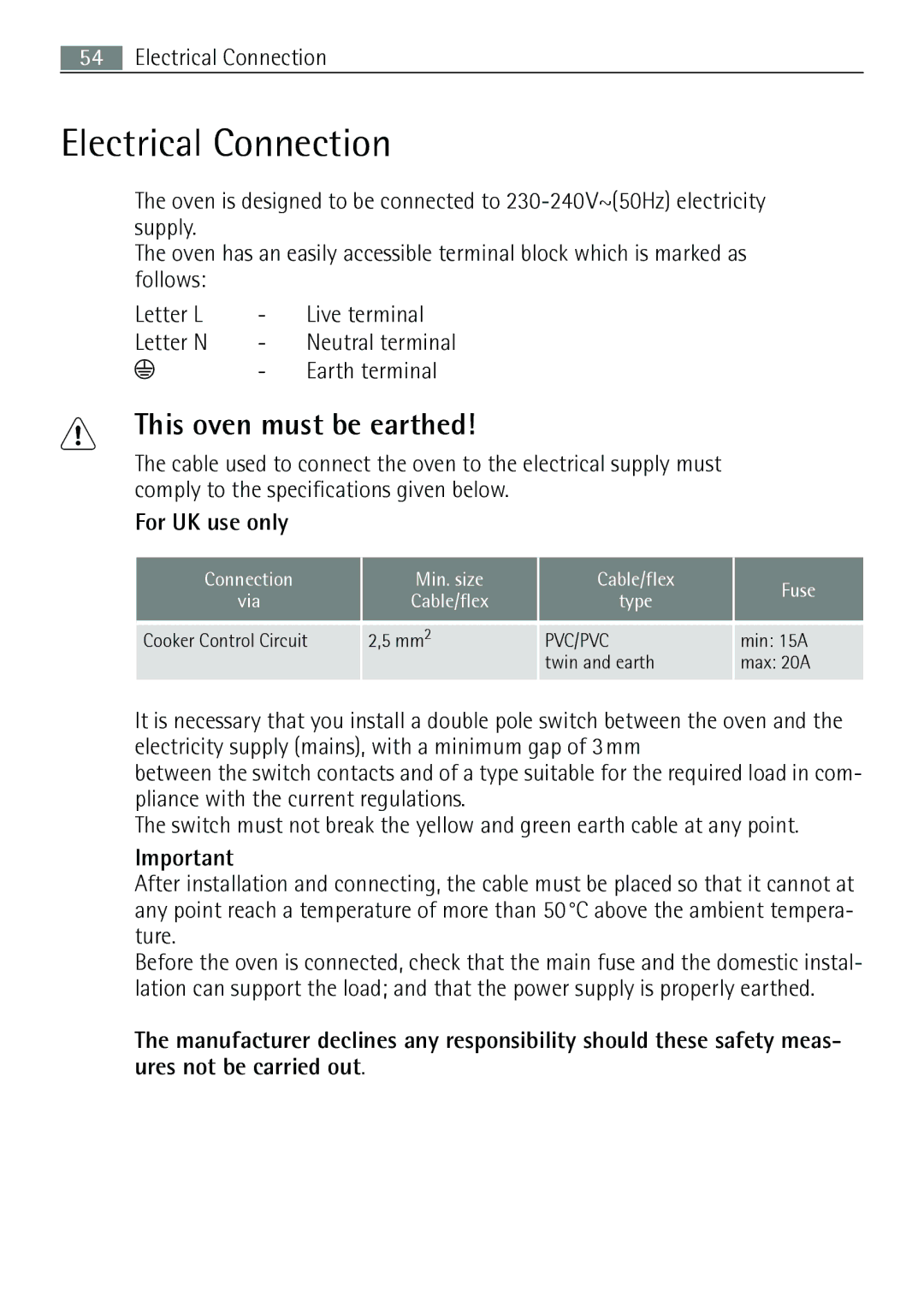 Electrolux B57415B, B57415A user manual Electrical Connection, For UK use only 