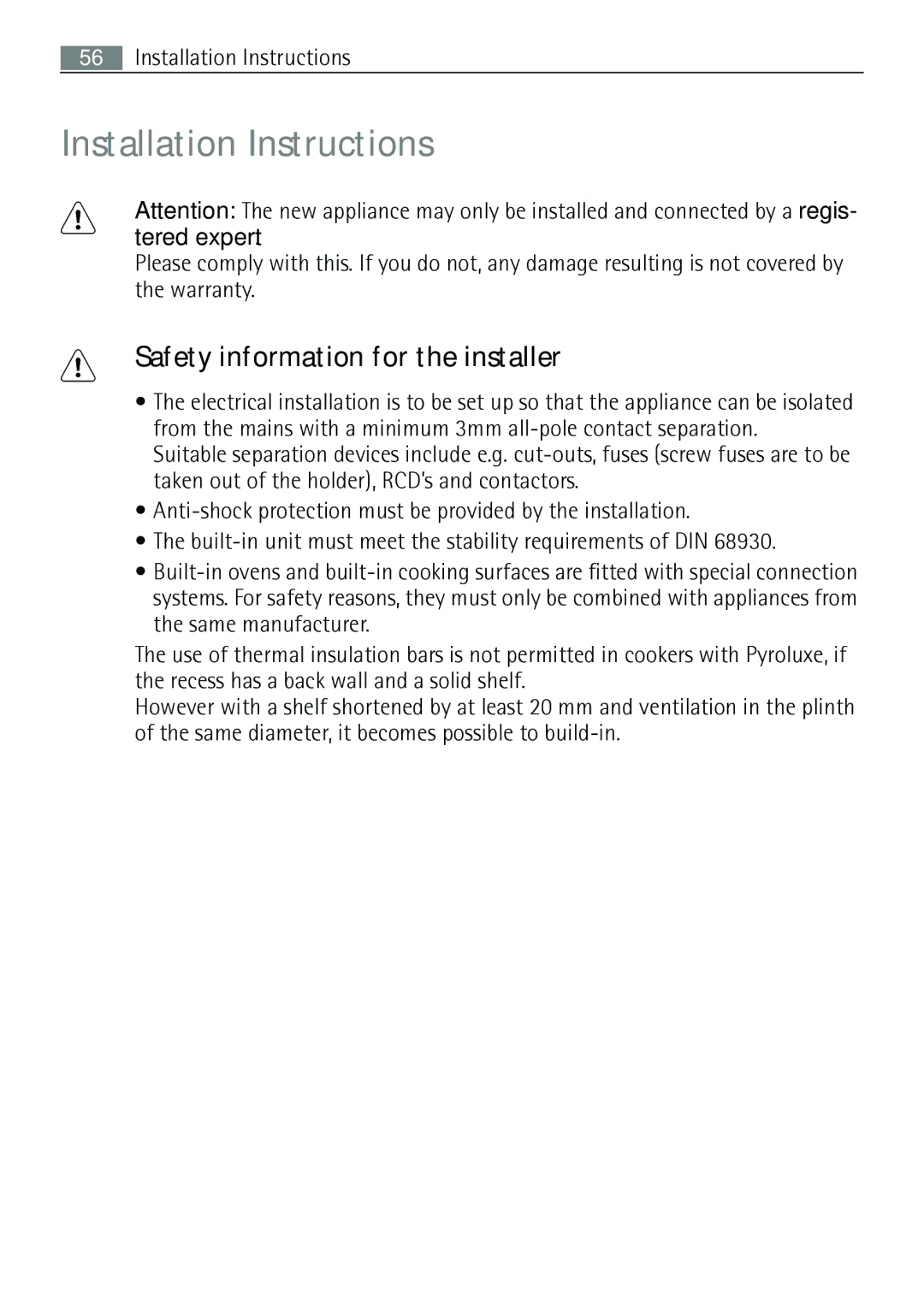 Electrolux B57415B, B57415A user manual Installation Instructions, Safety information for the installer 