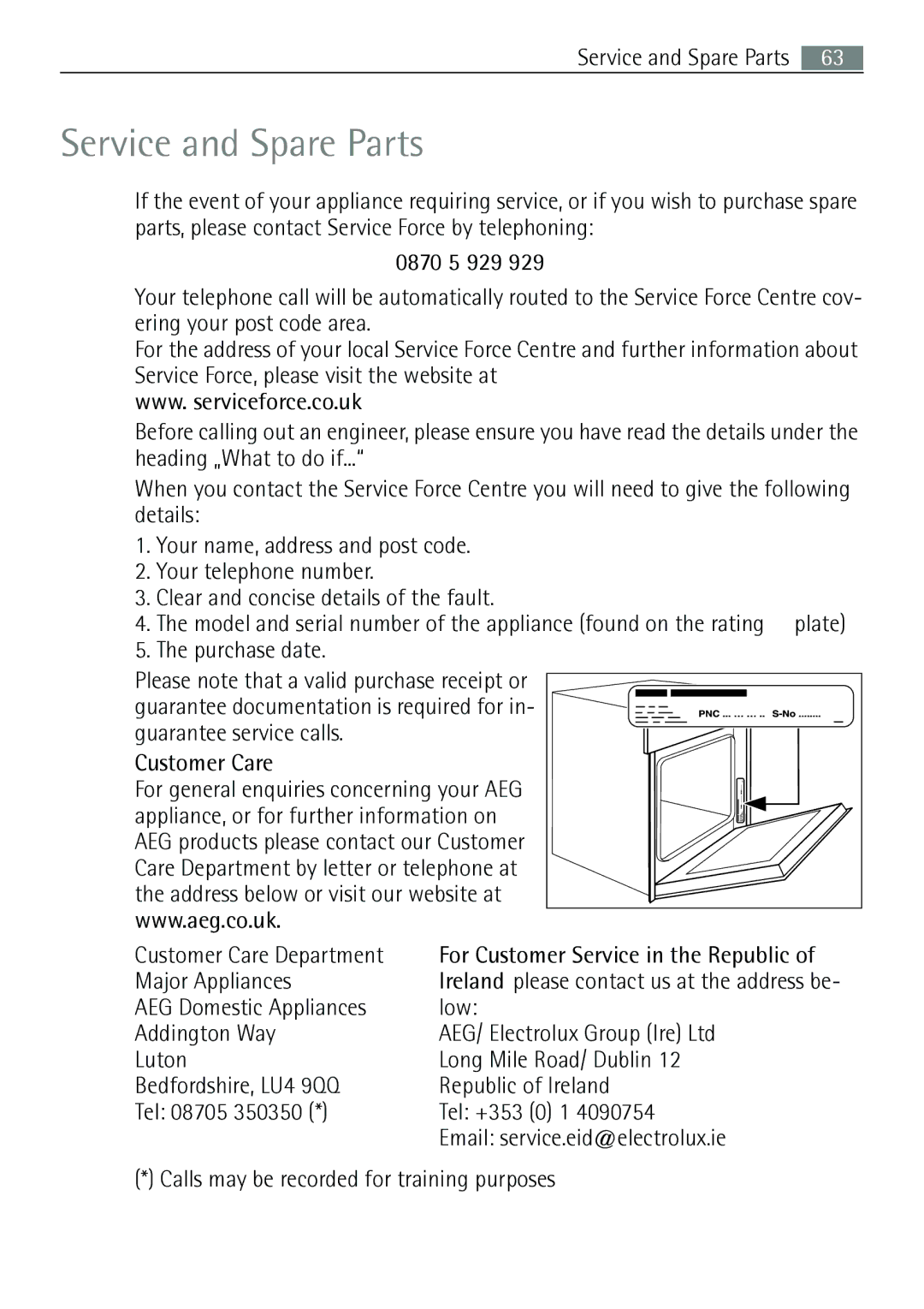 Electrolux B57415A, B57415B user manual 0870 5 929, Customer Care 