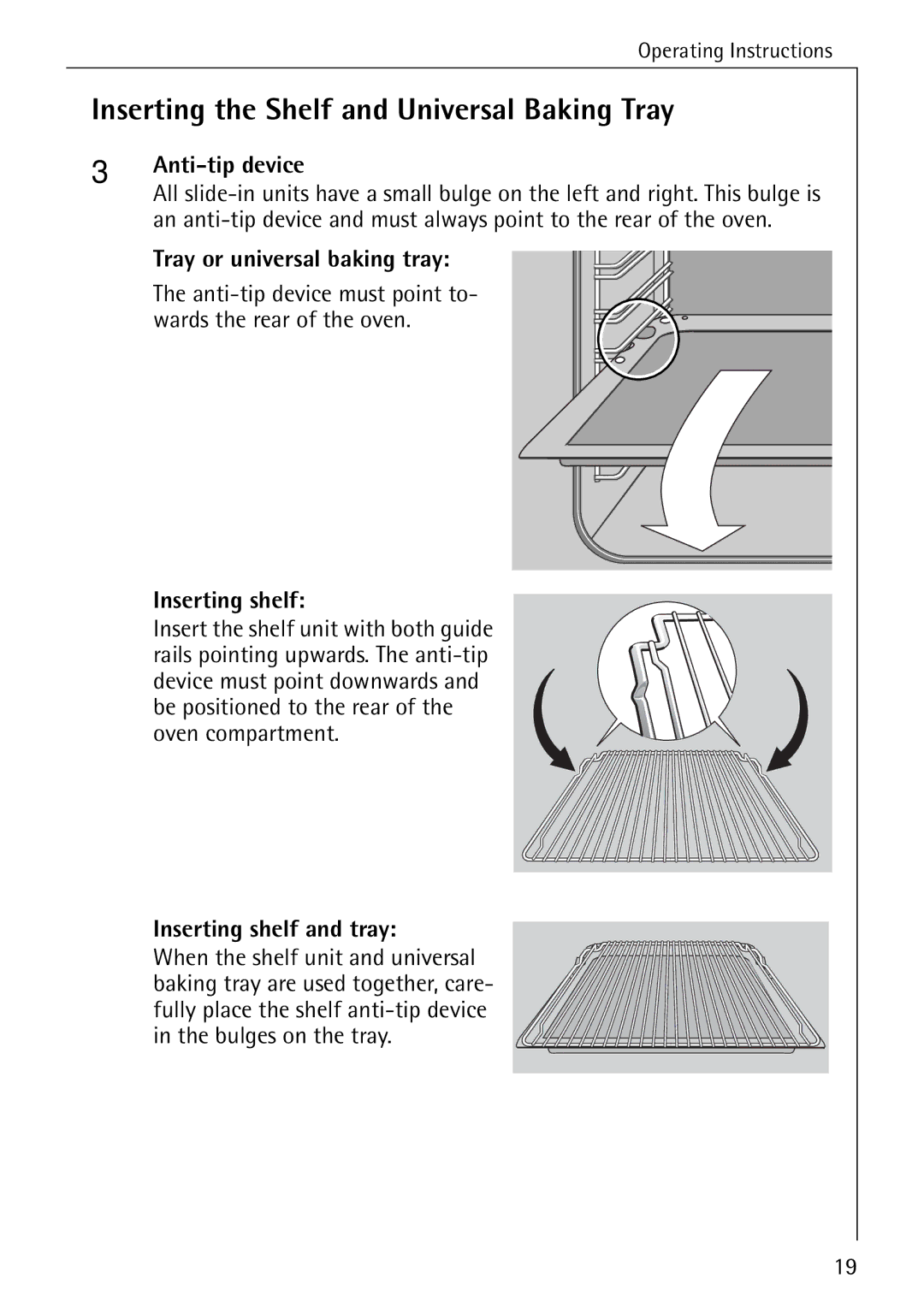 Electrolux B6100-1 manual Inserting the Shelf and Universal Baking Tray, Anti-tip device, Tray or universal baking tray 