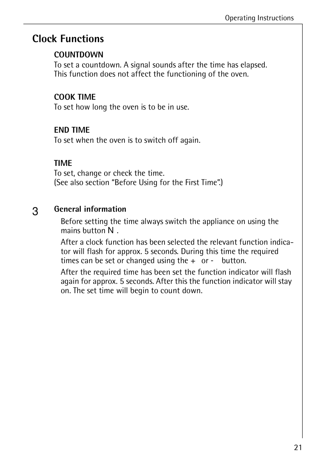 Electrolux B6100-1 Clock Functions, To set how long the oven is to be in use, To set when the oven is to switch off again 