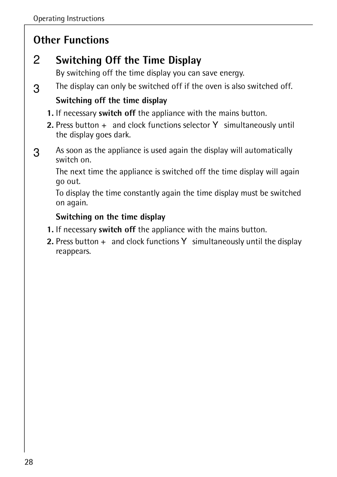 Electrolux B6100-1 manual Other Functions Switching Off the Time Display, Switching off the time display, Switch on 