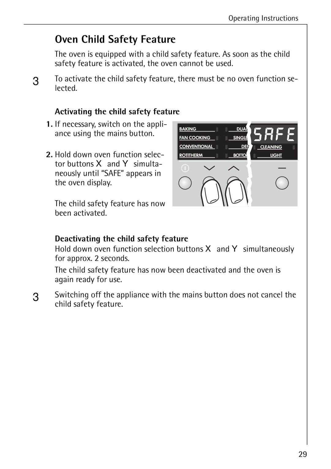 Electrolux B6100-1 Oven Child Safety Feature, Activating the child safety feature, Deactivating the child safety feature 