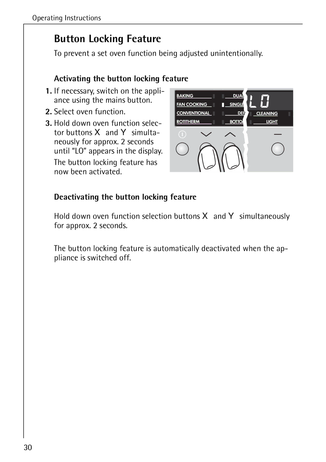 Electrolux B6100-1 Button Locking Feature, Activating the button locking feature, Deactivating the button locking feature 