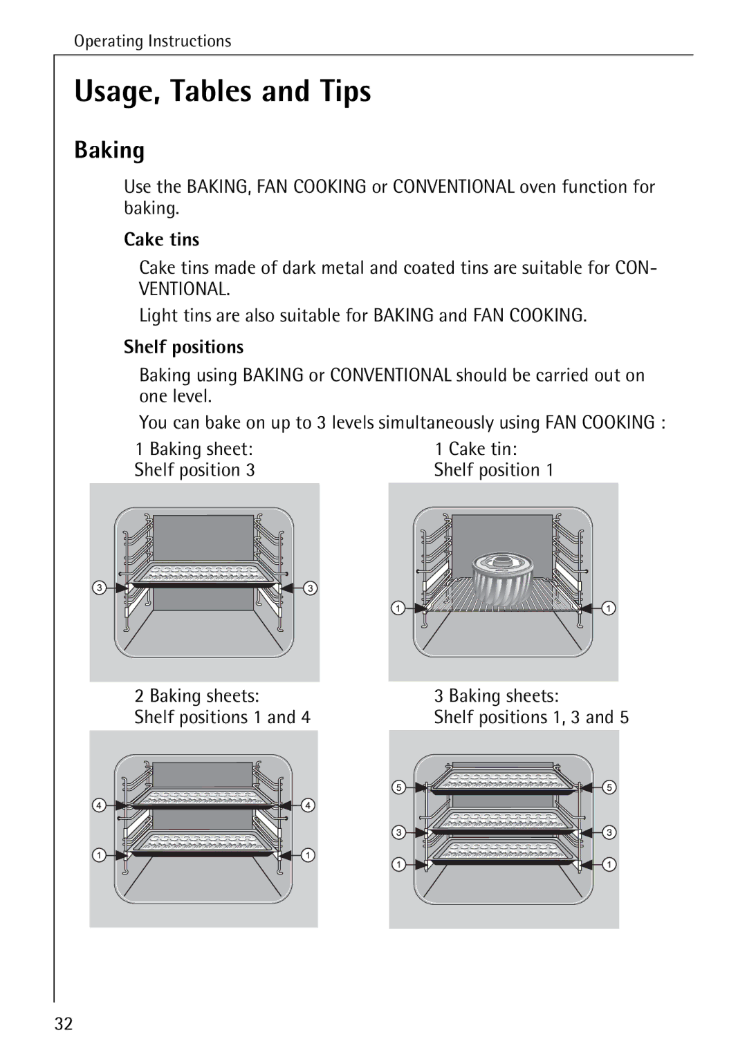 Electrolux B6100-1 manual Usage, Tables and Tips, Cake tins, Light tins are also suitable for Baking and FAN Cooking 