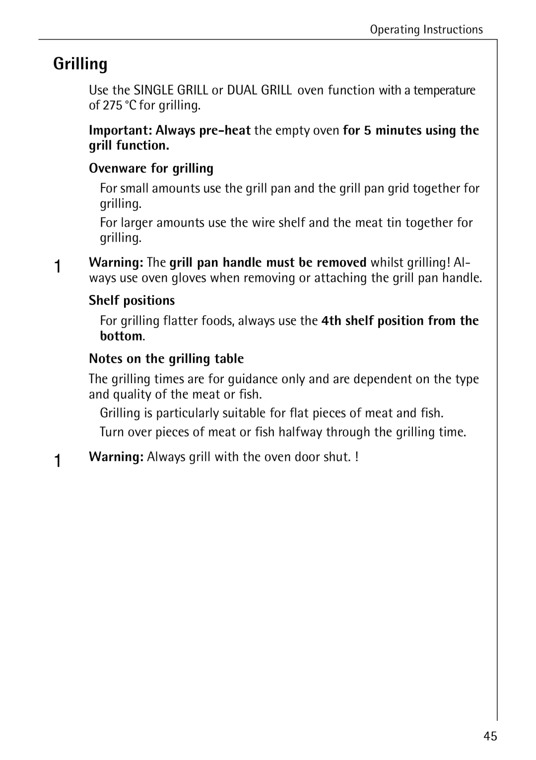 Electrolux B6100-1 manual Grilling, Shelf positions 