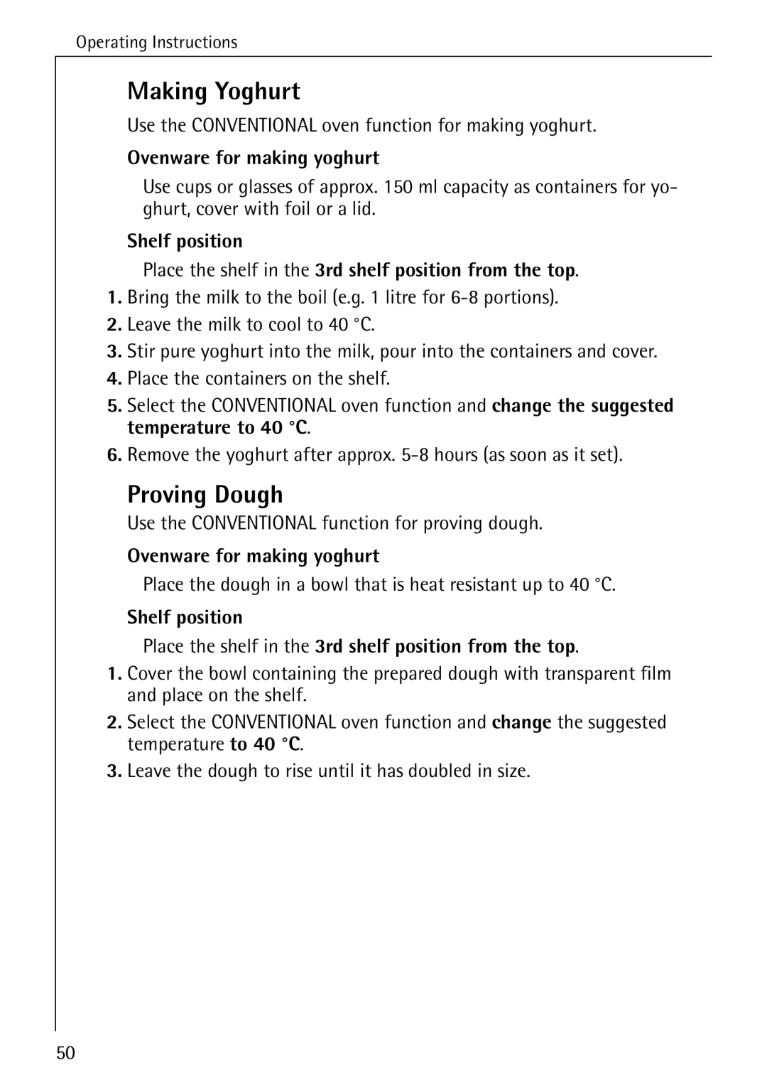 Electrolux B6100-1 manual Making Yoghurt, Proving Dough, Ovenware for making yoghurt 