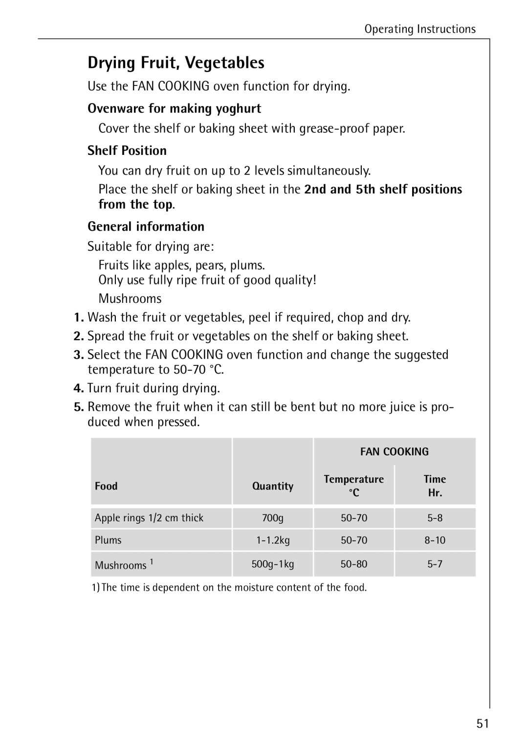 Electrolux B6100-1 manual Drying Fruit, Vegetables, Use the FAN Cooking oven function for drying, Shelf Position 