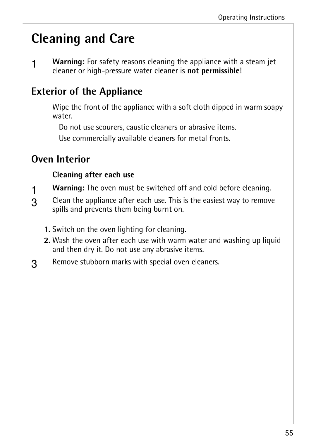 Electrolux B6100-1 manual Cleaning and Care, Exterior of the Appliance, Oven Interior, Cleaning after each use 