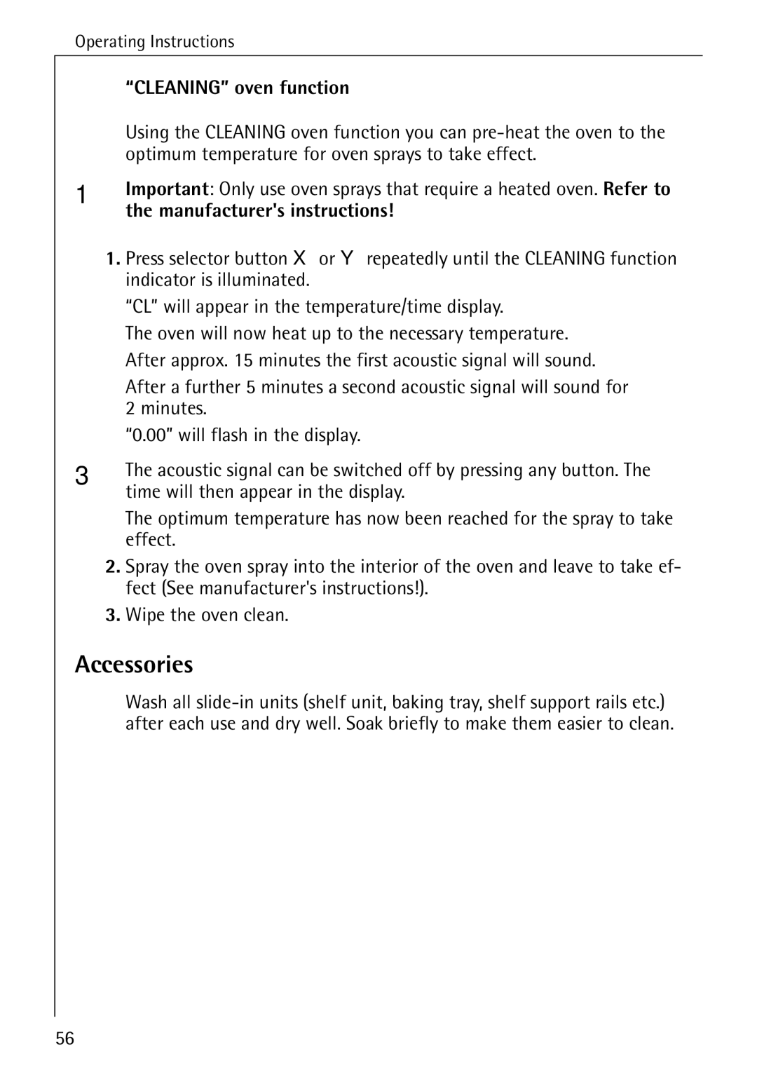 Electrolux B6100-1 manual Accessories, Cleaning oven function, Optimum temperature for oven sprays to take effect 