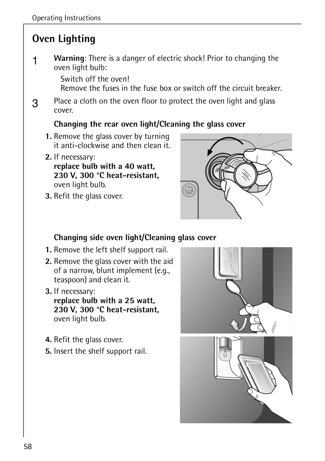 Electrolux B6100-1 manual Oven Lighting, Changing the rear oven light/Cleaning the glass cover 