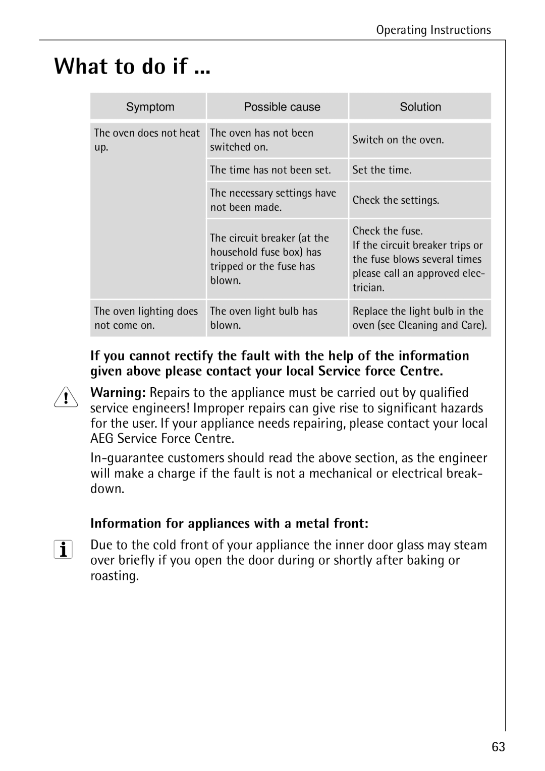 Electrolux B6100-1 What to do if, AEG Service Force Centre, Down, Information for appliances with a metal front, Roasting 