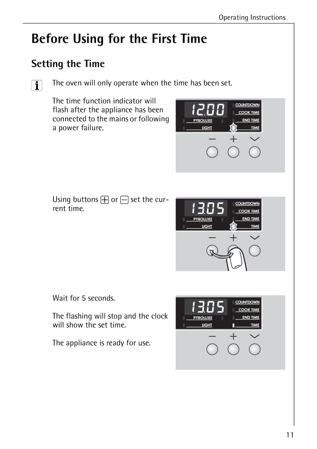 Electrolux B6140-1 manual Before Using for the First Time, Setting the Time 