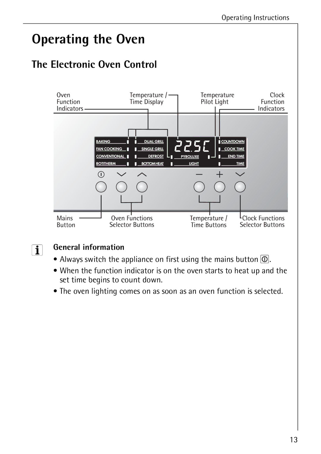 Electrolux B6140-1 manual Operating the Oven, Electronic Oven Control, General information 