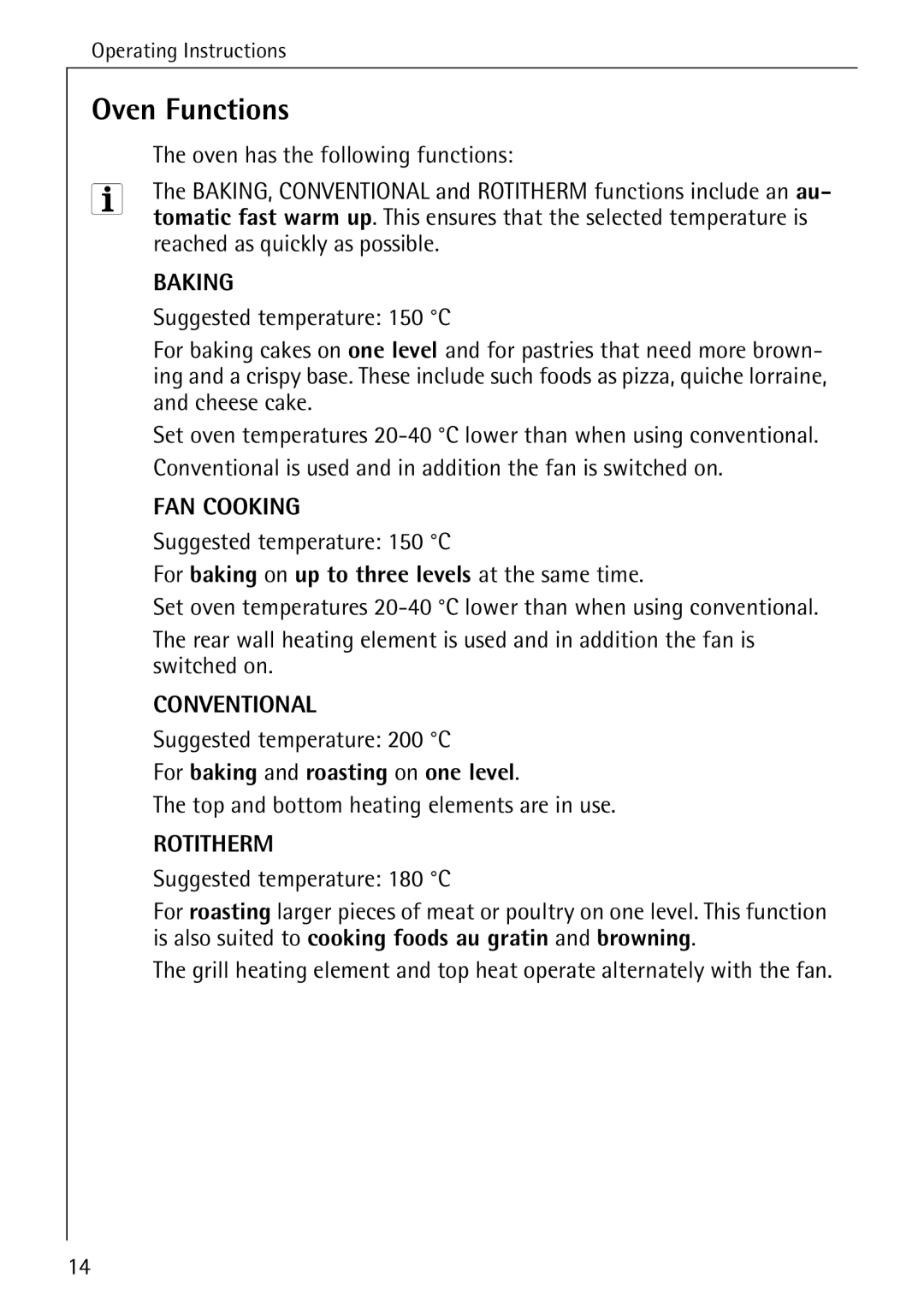 Electrolux B6140-1 Oven Functions, For baking on up to three levels at the same time, For baking and roasting on one level 
