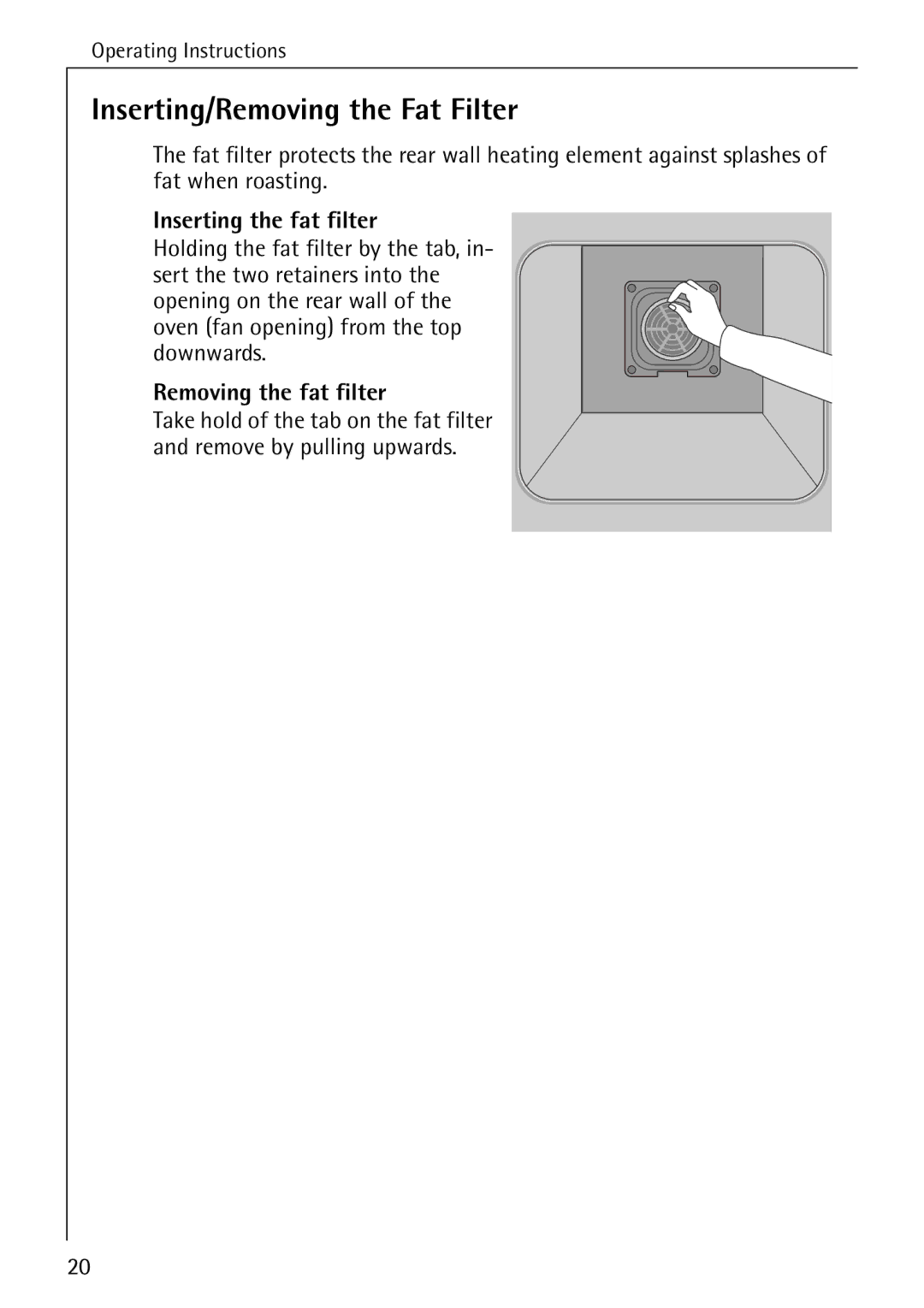 Electrolux B6140-1 manual Inserting/Removing the Fat Filter, Inserting the fat filter, Removing the fat filter 