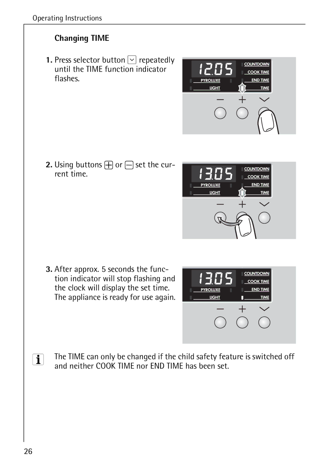 Electrolux B6140-1 manual Changing Time, Neither Cook Time nor END Time has been set 