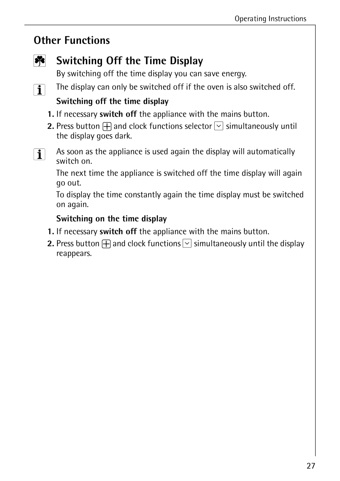 Electrolux B6140-1 manual Other Functions Switching Off the Time Display, Switching off the time display, Switch on 