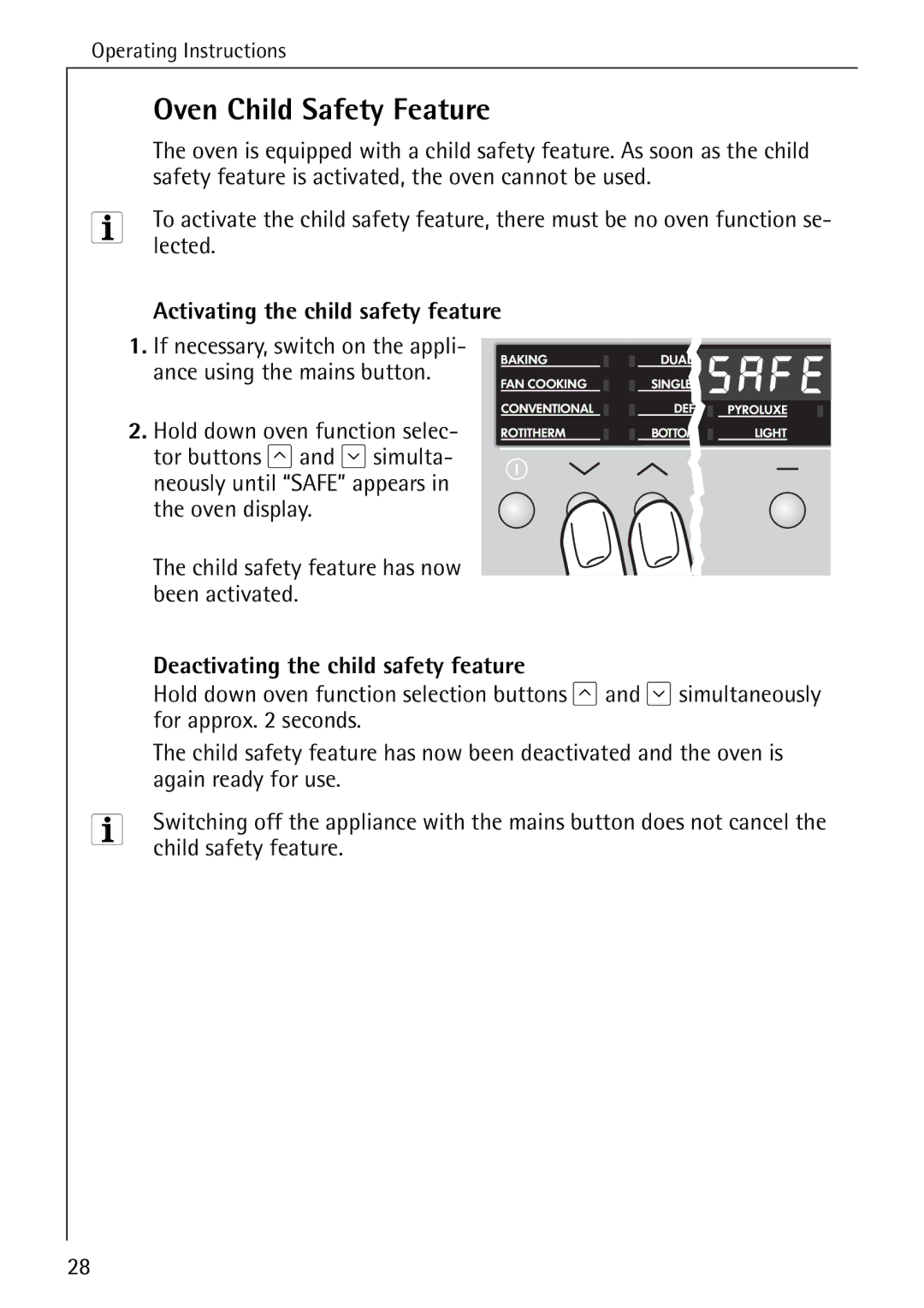 Electrolux B6140-1 Oven Child Safety Feature, Activating the child safety feature, Deactivating the child safety feature 