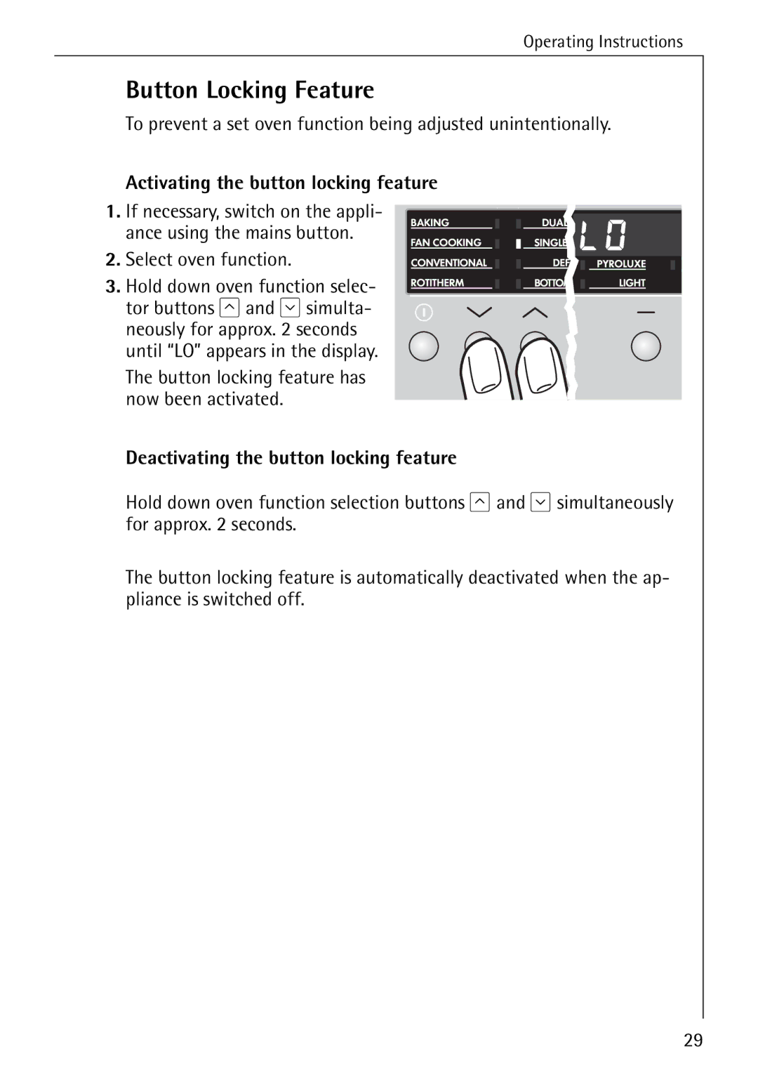 Electrolux B6140-1 Button Locking Feature, Activating the button locking feature, Deactivating the button locking feature 