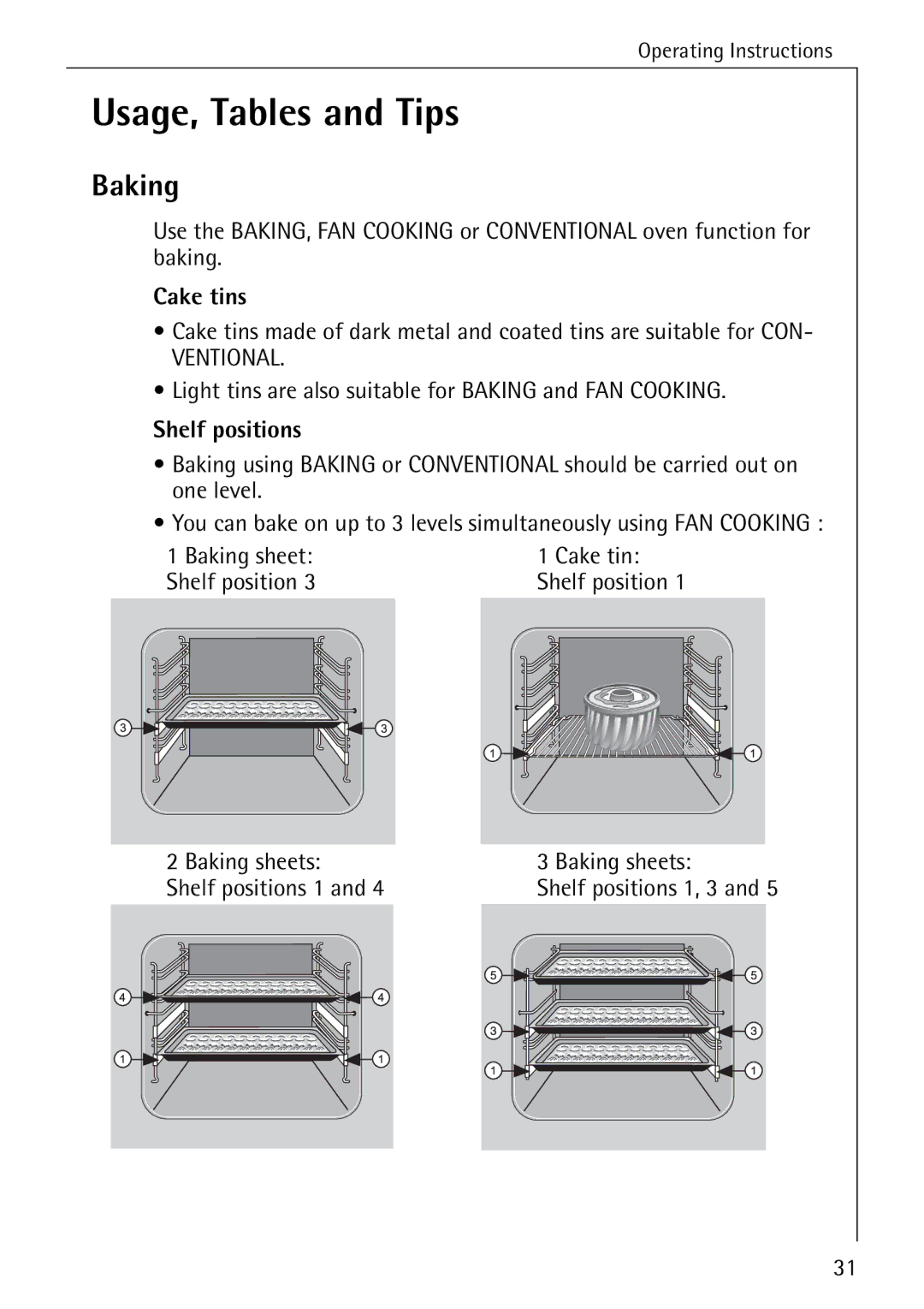 Electrolux B6140-1 manual Usage, Tables and Tips, Cake tins, Light tins are also suitable for Baking and FAN Cooking 