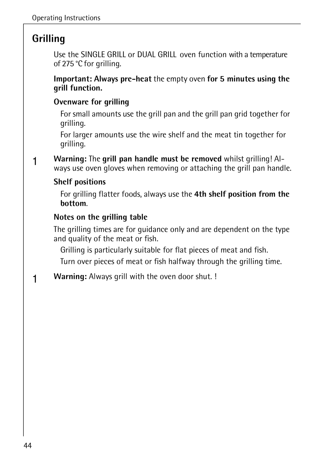 Electrolux B6140-1 manual Grilling, Shelf positions 