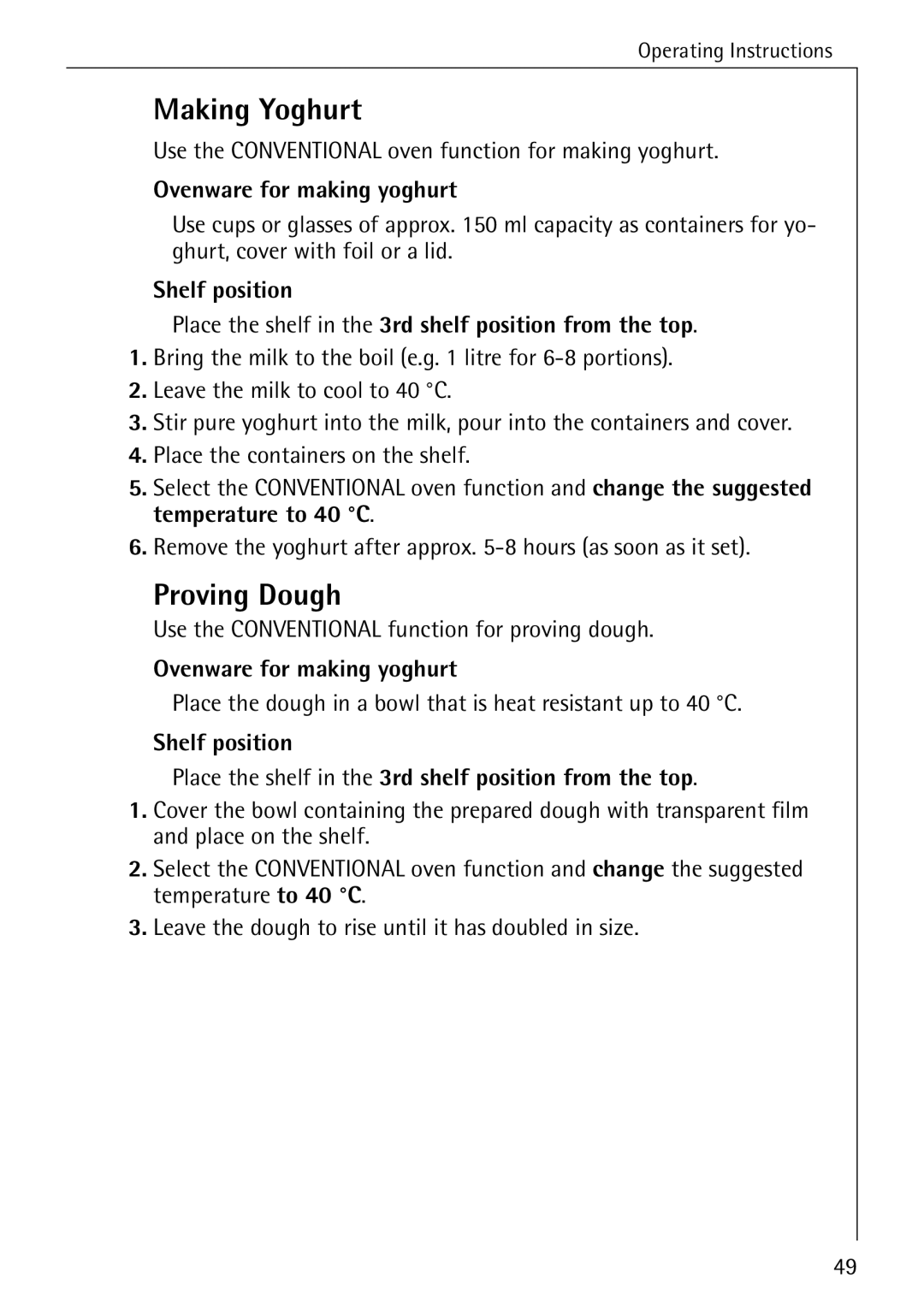 Electrolux B6140-1 manual Making Yoghurt, Proving Dough, Ovenware for making yoghurt 