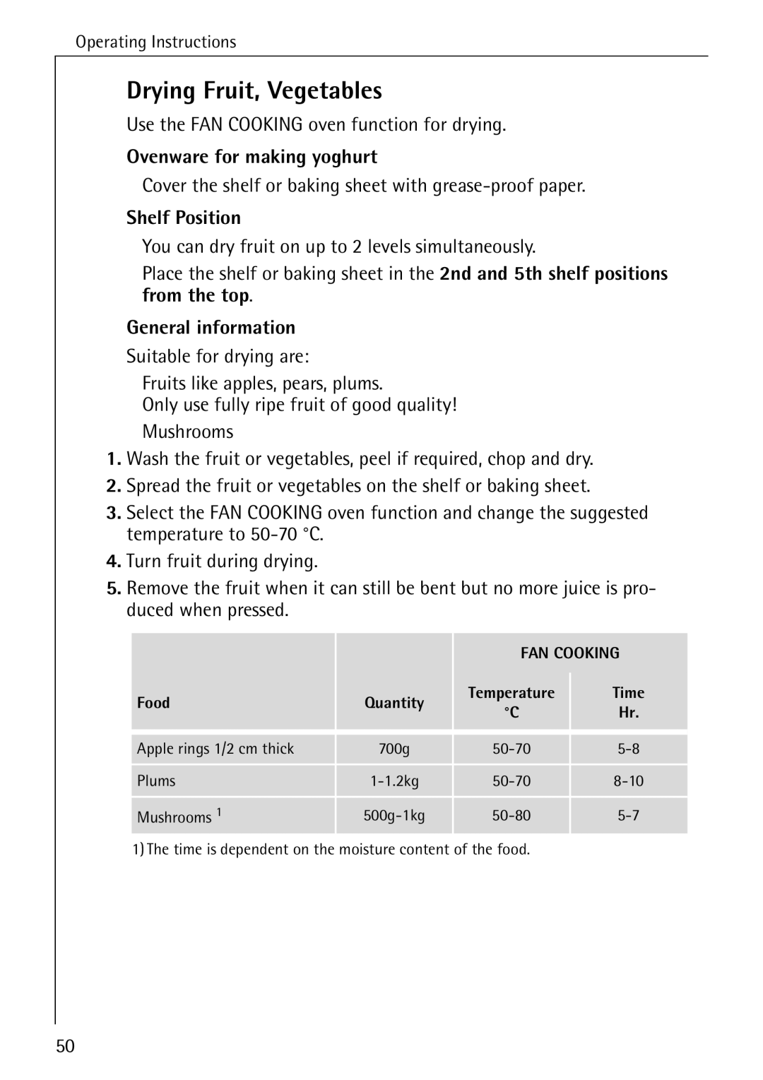 Electrolux B6140-1 manual Drying Fruit, Vegetables, Use the FAN Cooking oven function for drying, Shelf Position 