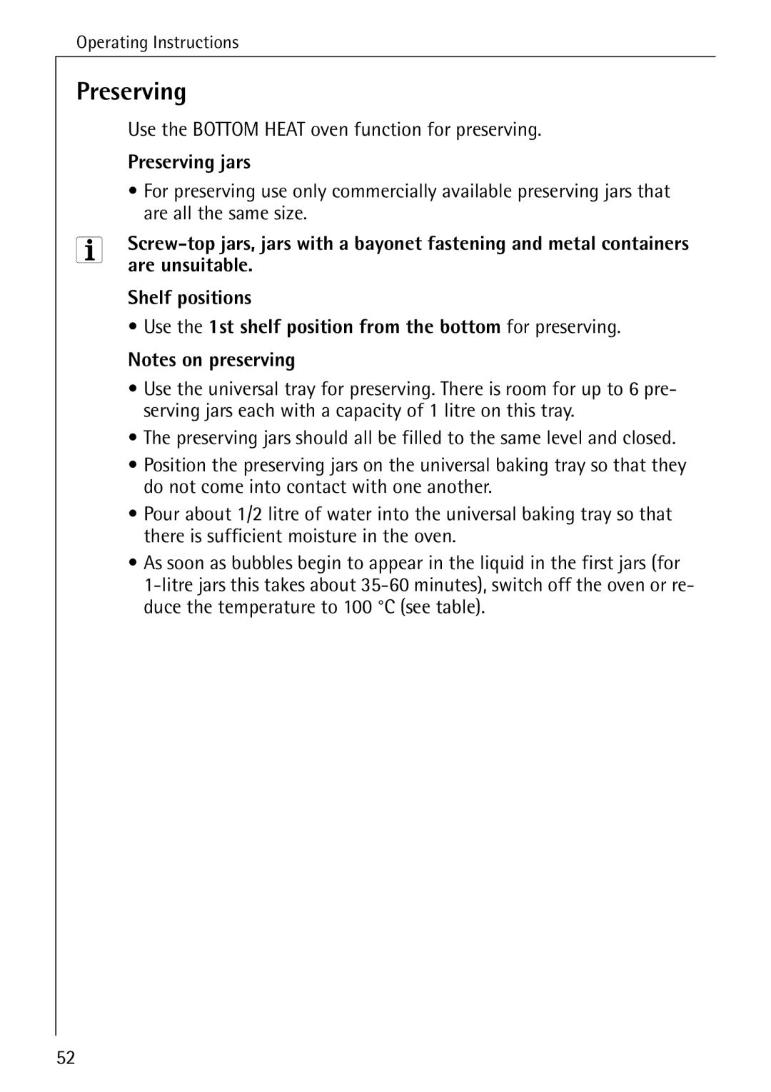 Electrolux B6140-1 manual Use the Bottom Heat oven function for preserving, Preserving jars, Are all the same size 