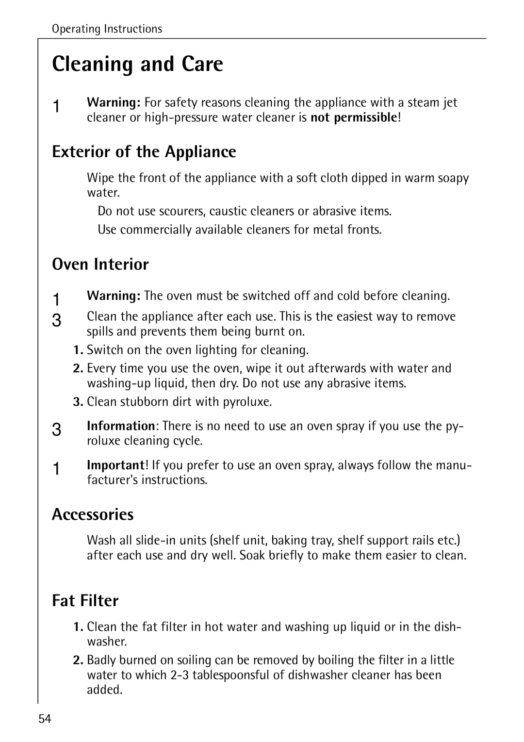 Electrolux B6140-1 manual Cleaning and Care, Exterior of the Appliance, Oven Interior, Accessories, Fat Filter 