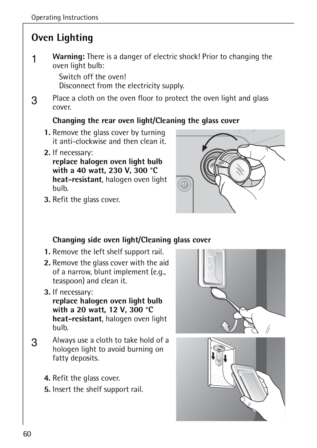 Electrolux B6140-1 Oven Lighting, Changing the rear oven light/Cleaning the glass cover, Replace halogen oven light bulb 