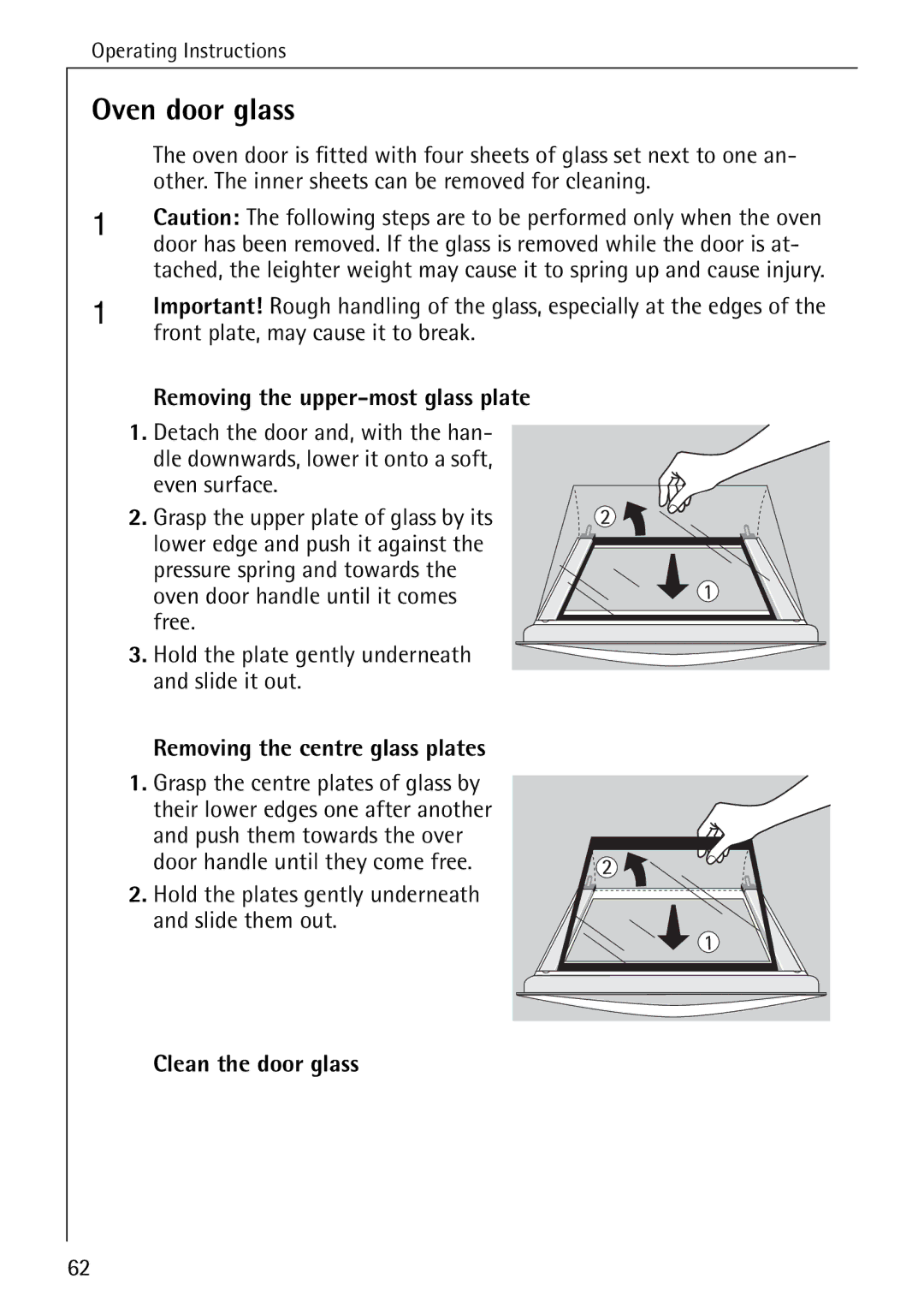 Electrolux B6140-1 manual Oven door glass, Removing the upper-most glass plate, Removing the centre glass plates 