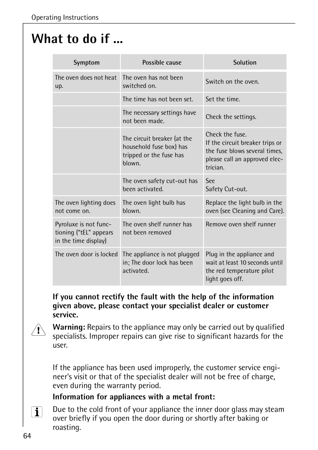 Electrolux B6140-1 manual What to do if, Service, Information for appliances with a metal front 