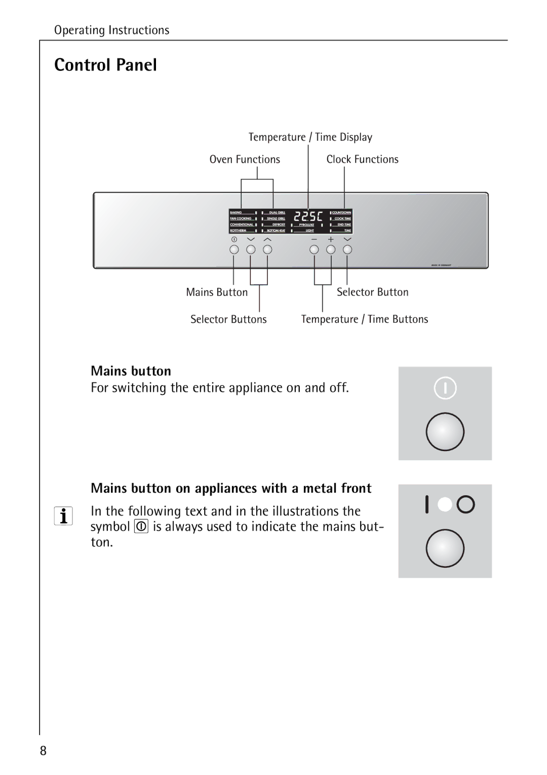 Electrolux B6140-1 manual Control Panel, Mains button, For switching the entire appliance on and off, Ton 