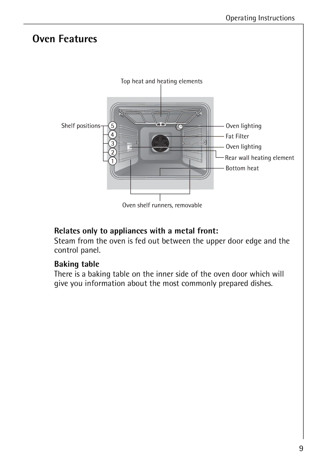 Electrolux B6140-1 manual Oven Features, Relates only to appliances with a metal front, Baking table 