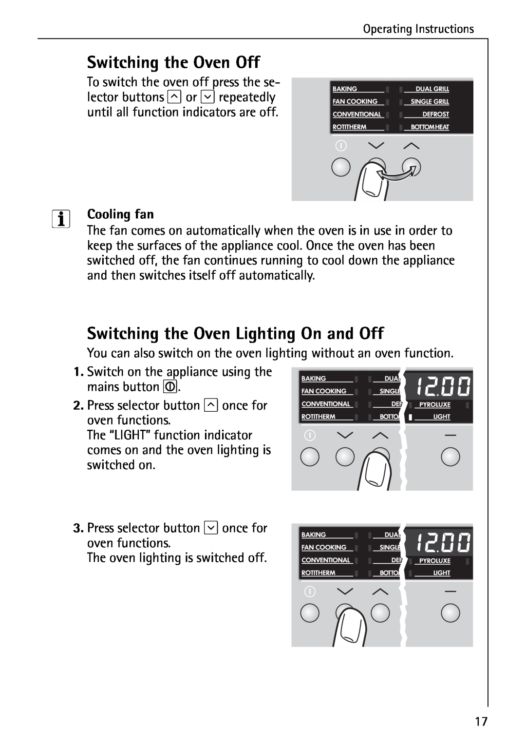 Electrolux B6140-1 manual Switching the Oven Off, Switching the Oven Lighting On and Off, Cooling fan 