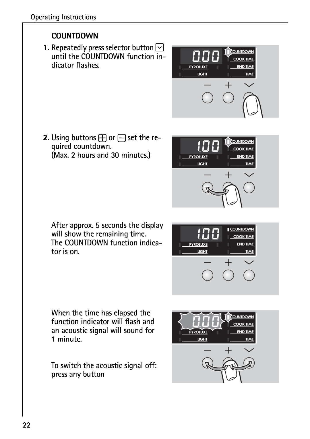 Electrolux B6140-1 manual Countdown, Using buttons + or - set the re- quired countdown 