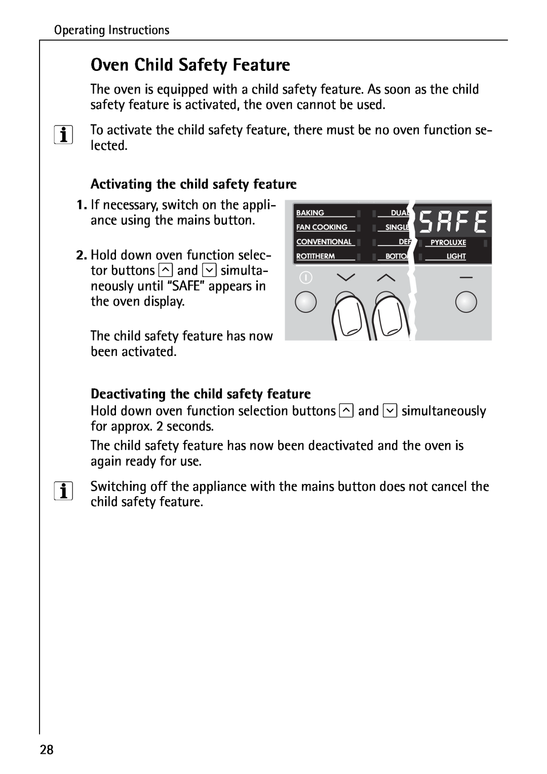 Electrolux B6140-1 Oven Child Safety Feature, Activating the child safety feature, Deactivating the child safety feature 