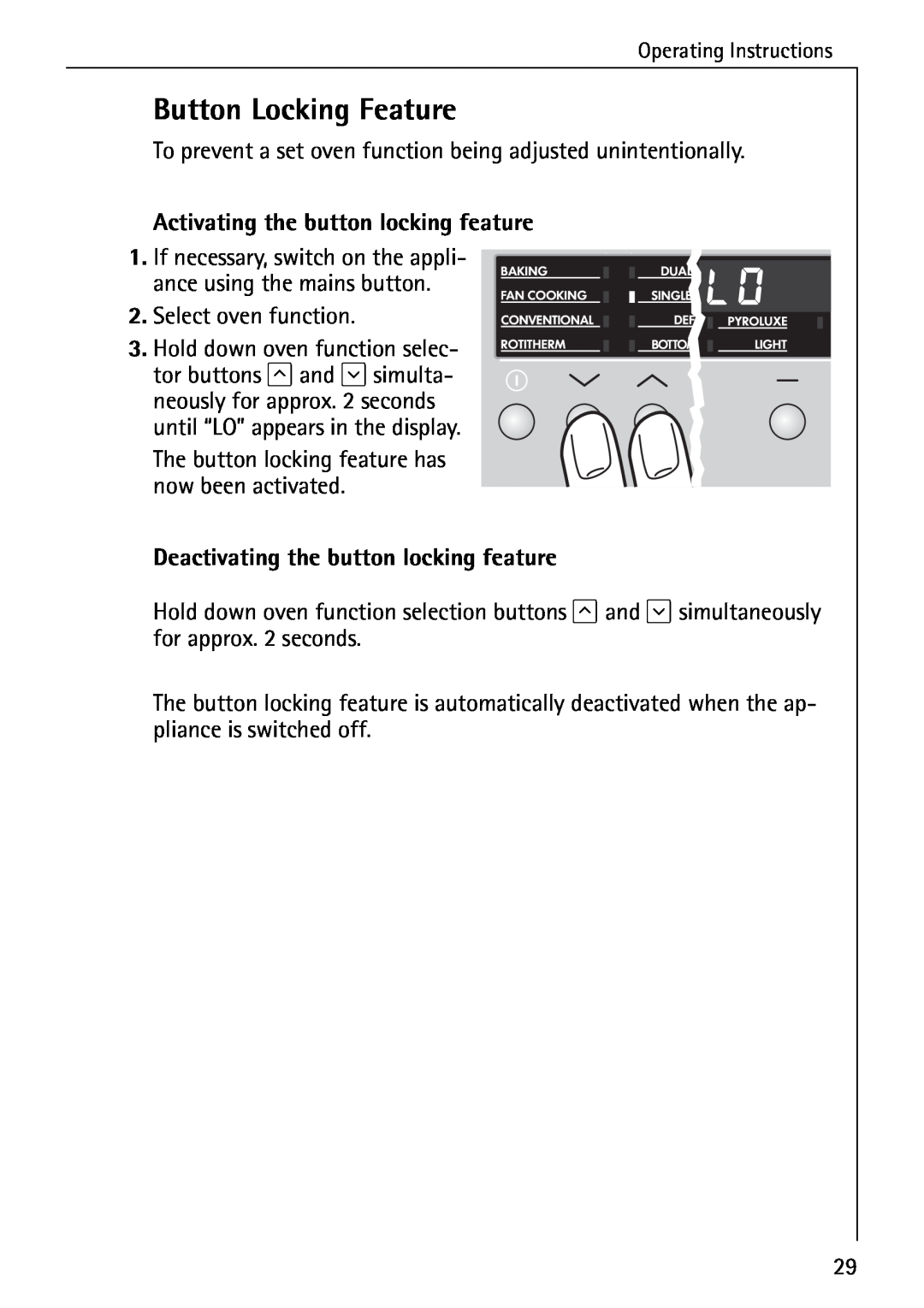 Electrolux B6140-1 Button Locking Feature, Activating the button locking feature, Deactivating the button locking feature 