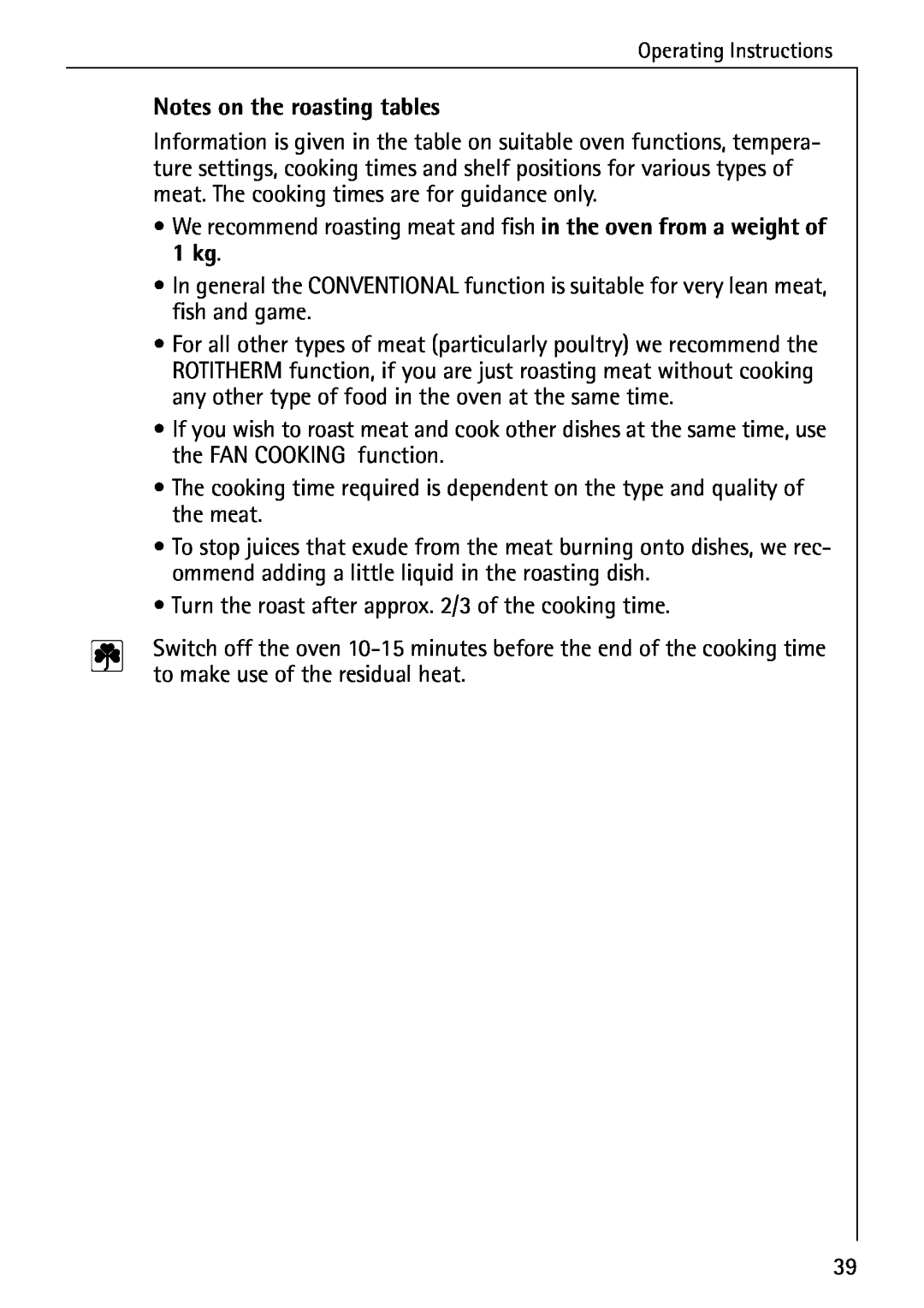 Electrolux B6140-1 manual Notes on the roasting tables 