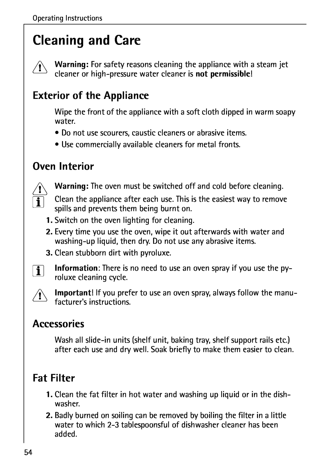 Electrolux B6140-1 manual Cleaning and Care, Exterior of the Appliance, Oven Interior, Accessories, Fat Filter 