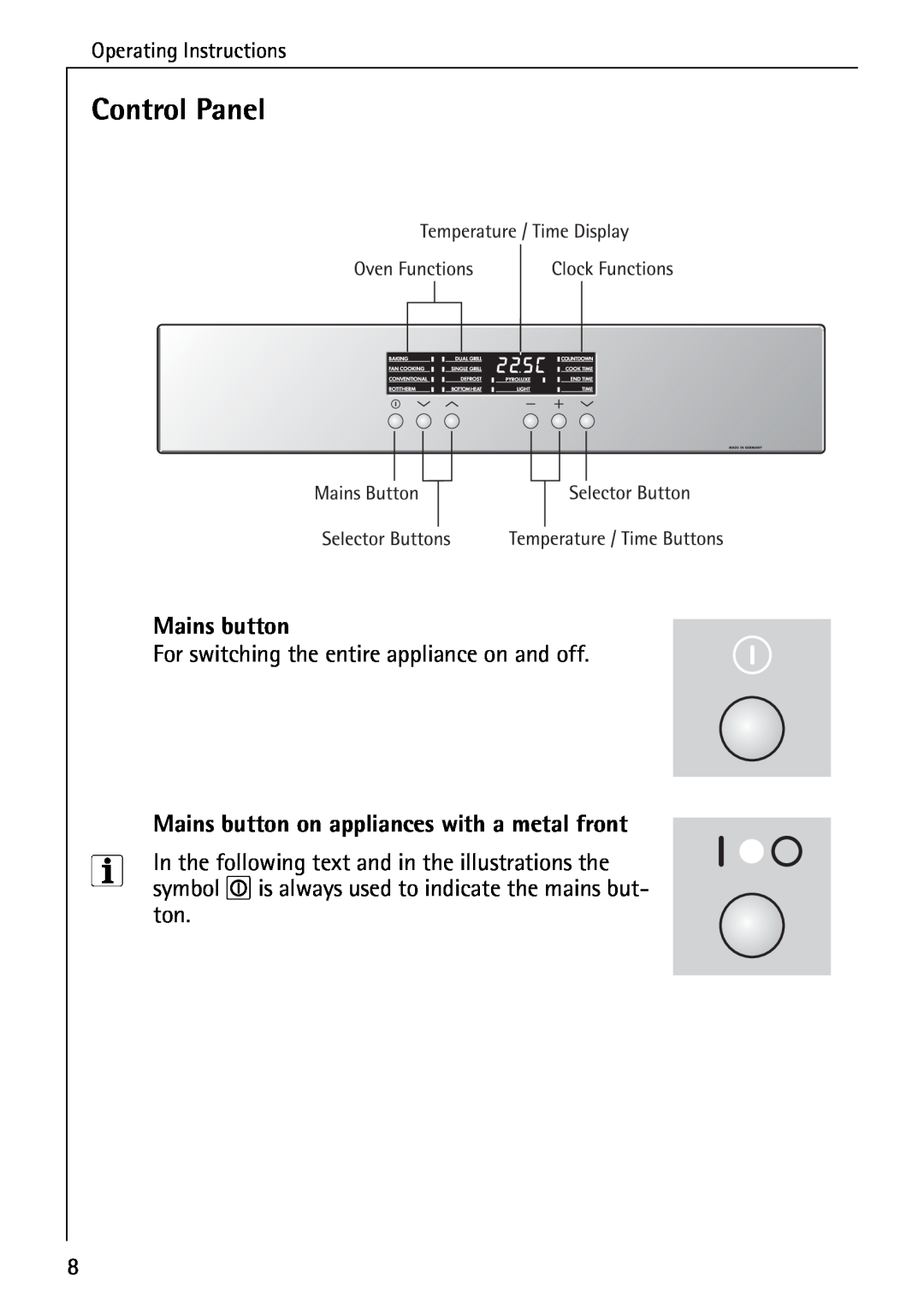 Electrolux B6140-1 manual Control Panel, Operating Instructions, Mains button on appliances with a metal front 