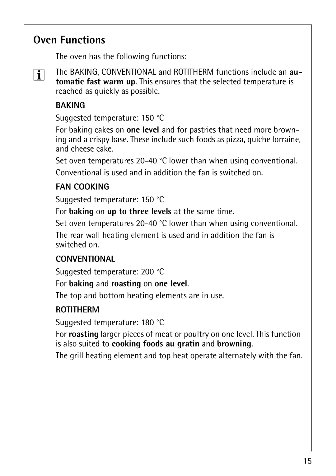 Electrolux B8100-1 Oven Functions, For baking on up to three levels at the same time, For baking and roasting on one level 