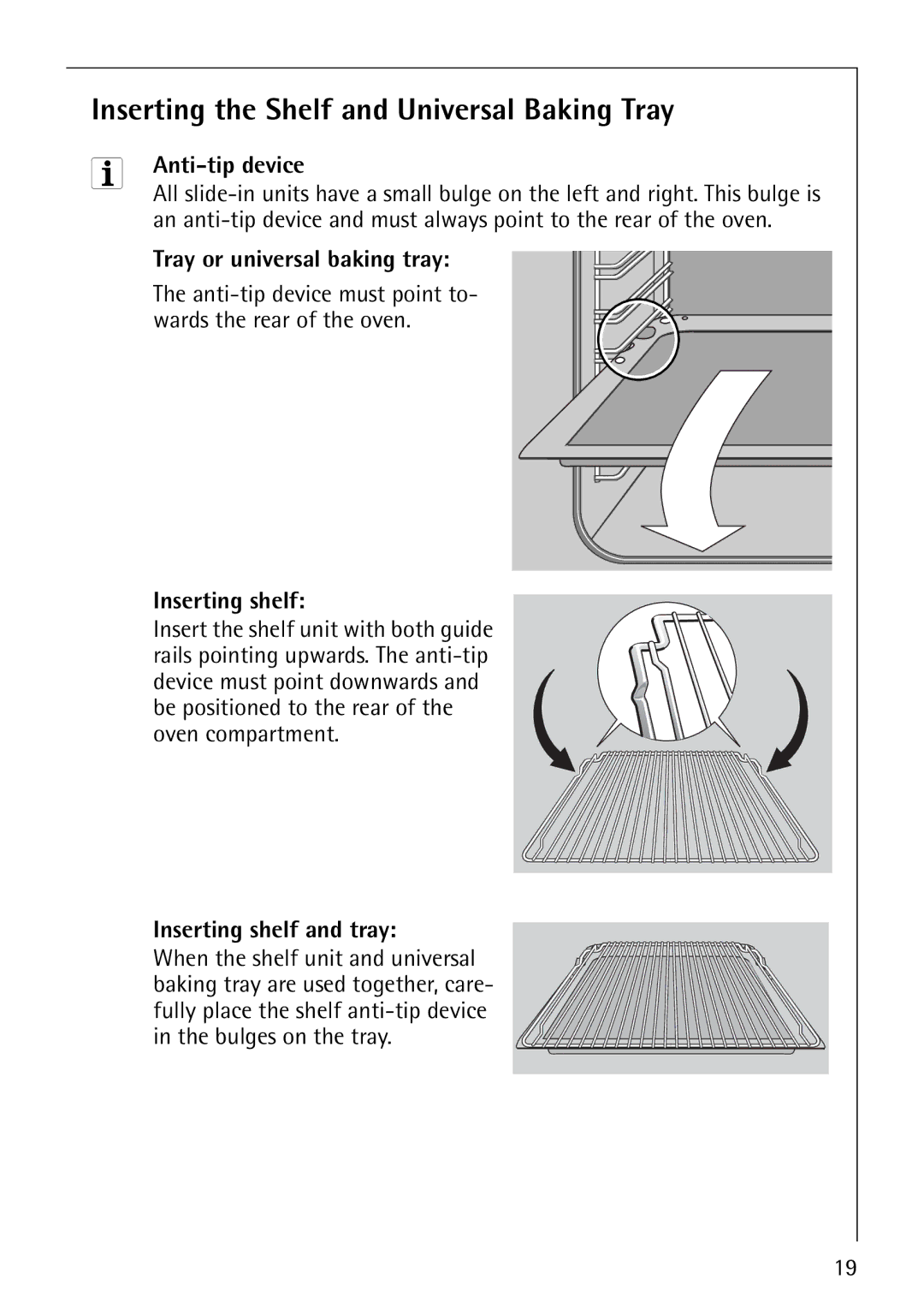 Electrolux B8100-1 manual Inserting the Shelf and Universal Baking Tray, Anti-tip device, Tray or universal baking tray 