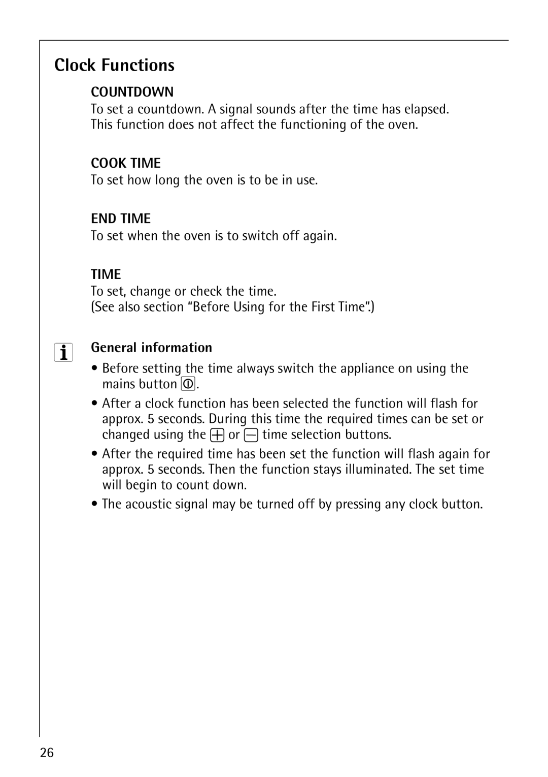 Electrolux B8100-1 Clock Functions, To set how long the oven is to be in use, To set when the oven is to switch off again 