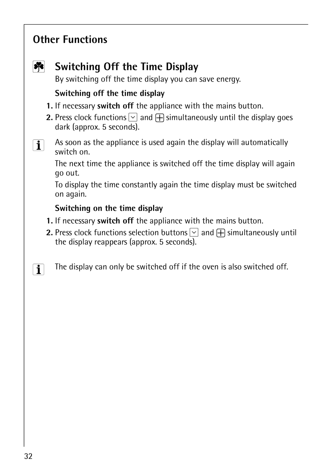 Electrolux B8100-1 Other Functions Switching Off the Time Display, By switching off the time display you can save energy 