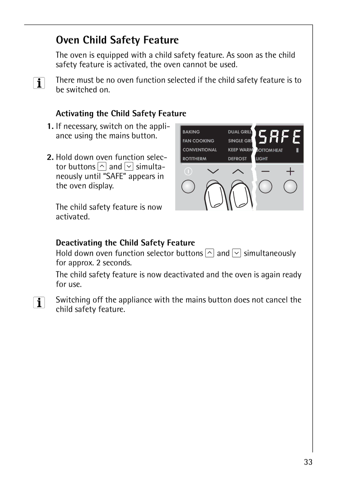 Electrolux B8100-1 Oven Child Safety Feature, Activating the Child Safety Feature, Deactivating the Child Safety Feature 