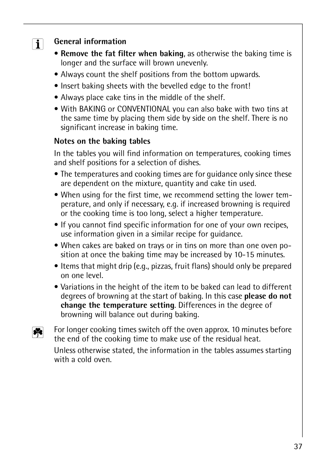 Electrolux B8100-1 manual General information, End of the cooking time to make use of the residual heat 