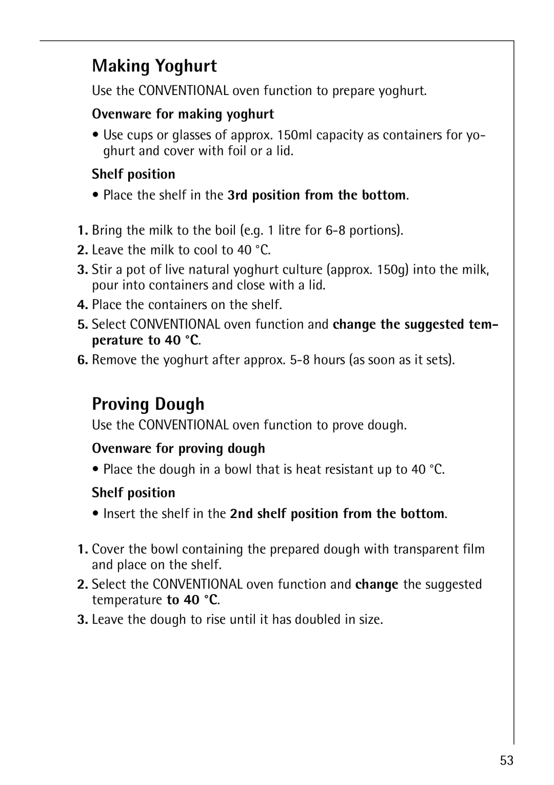 Electrolux B8100-1 manual Making Yoghurt, Proving Dough, Ovenware for making yoghurt, Ovenware for proving dough 