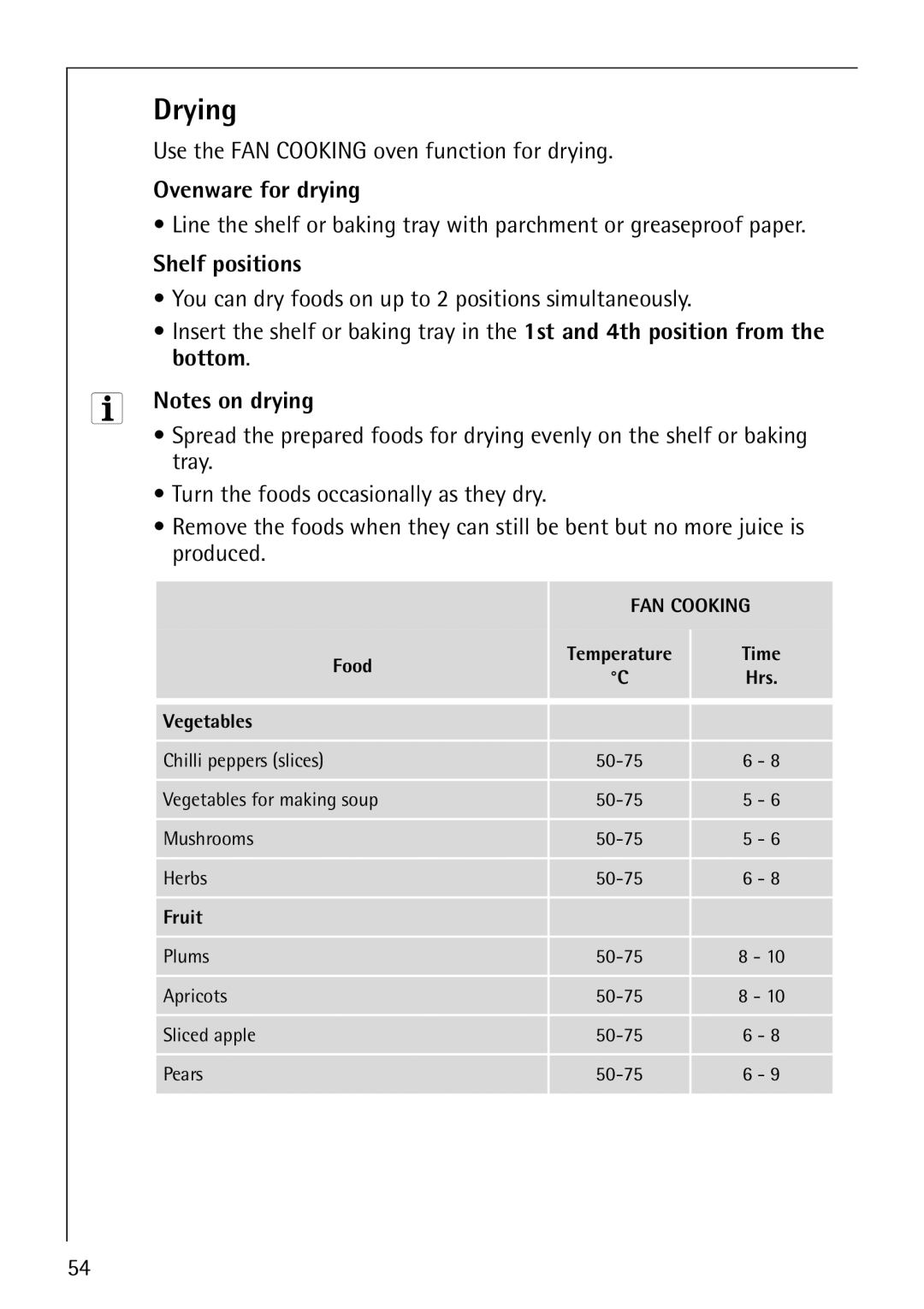 Electrolux B8100-1 manual Drying, Use the FAN Cooking oven function for drying, Ovenware for drying 